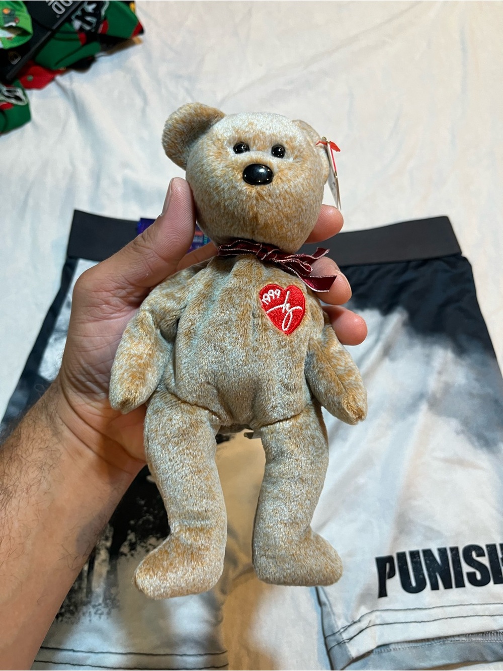 Ty Plush Bear with Red Heart Patch - Tan Brown